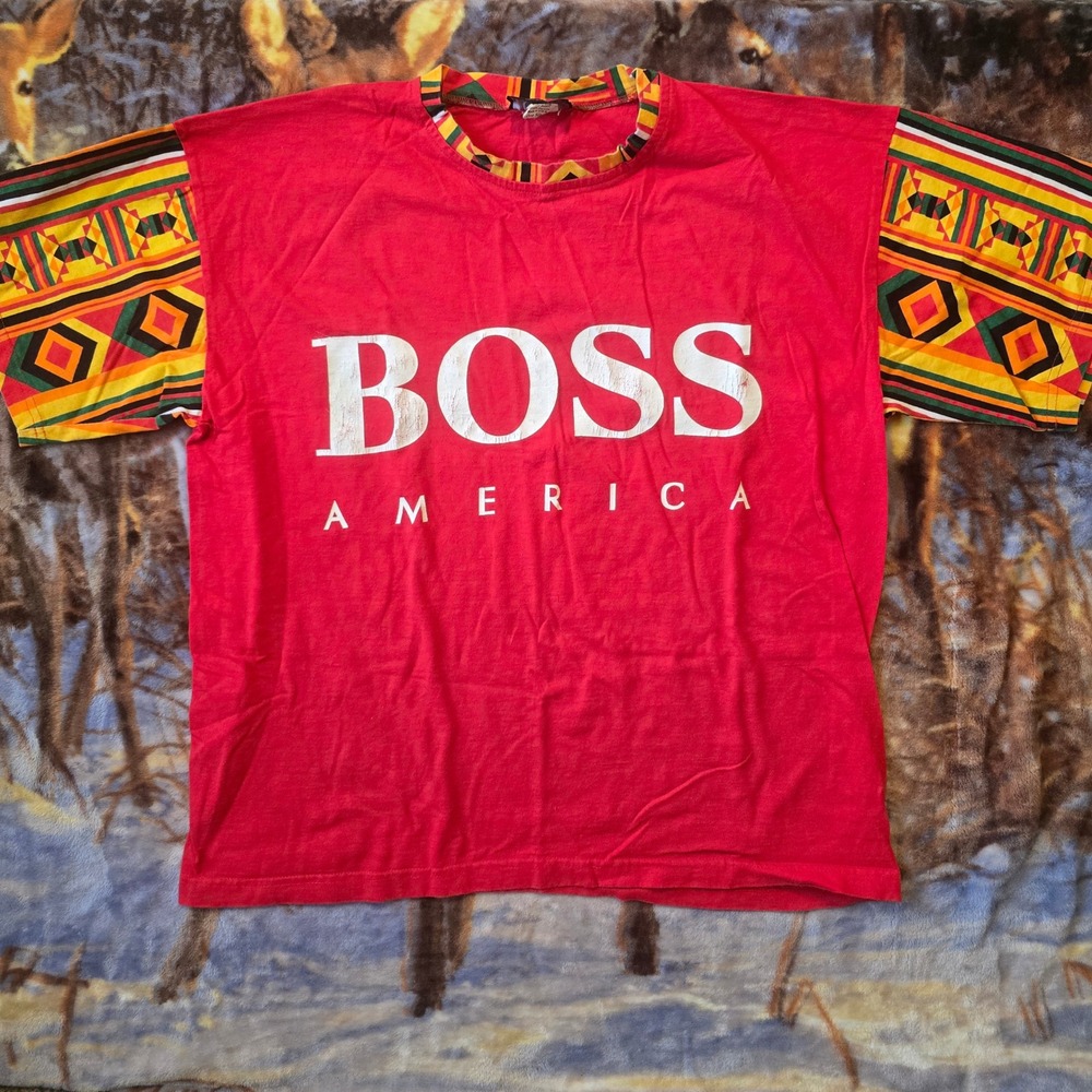 Vintage Hugo Boss America Red Geometric Abstract Y2K Tee w/Shorts sz Large